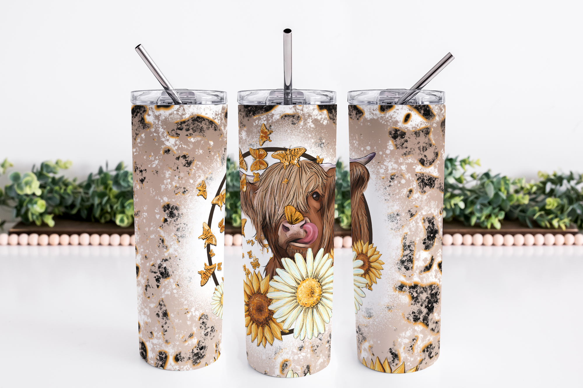 Sunflower Cow 20 Oz Skinny Tumbler With Straw & Lid 